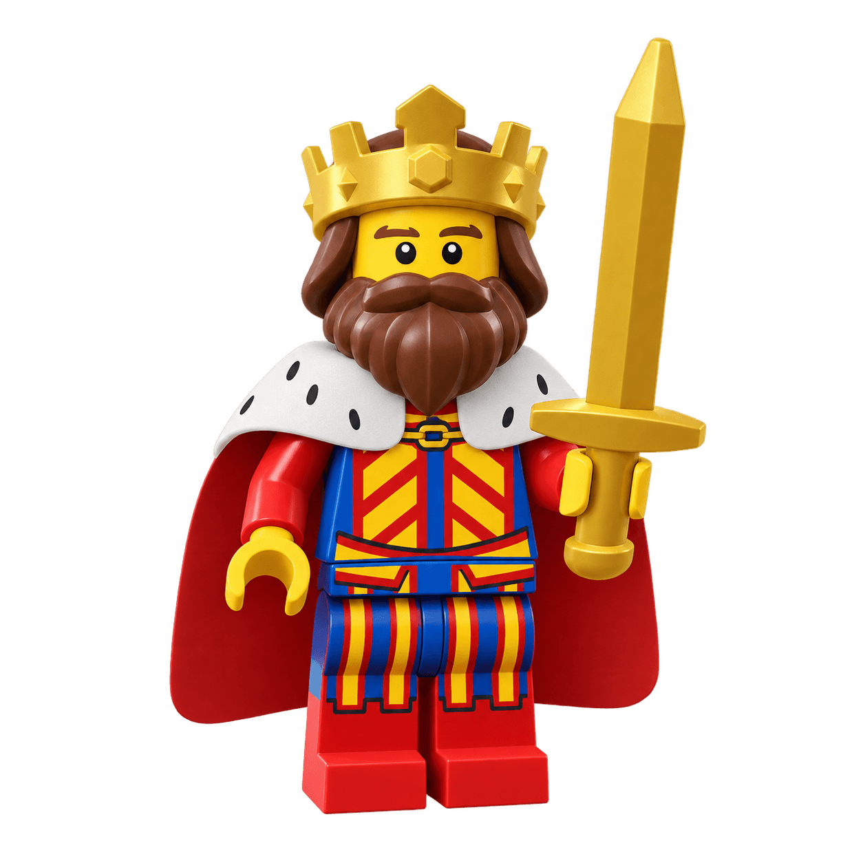 A LEGO king with a gold crown and sword, brown beard, red cape, and royal robes