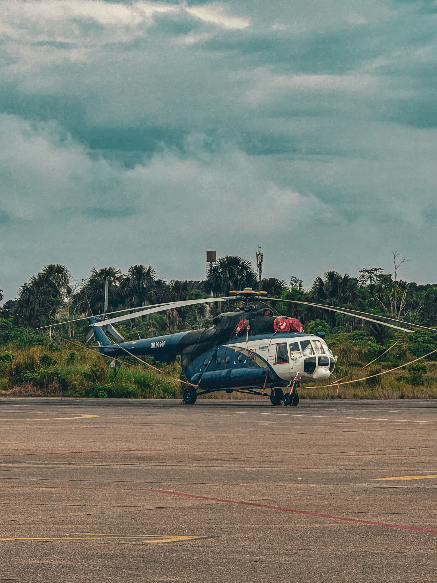 A helicopter on the airfield at Iquitos