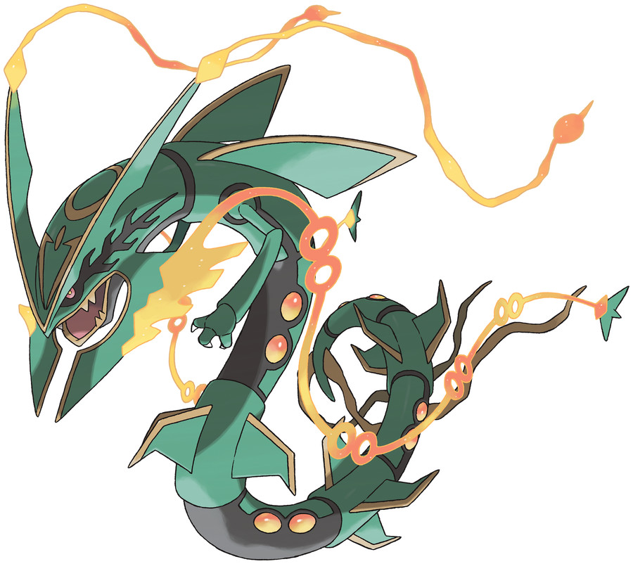 Mega Rayquaza with a coiled green body and golden tendrils